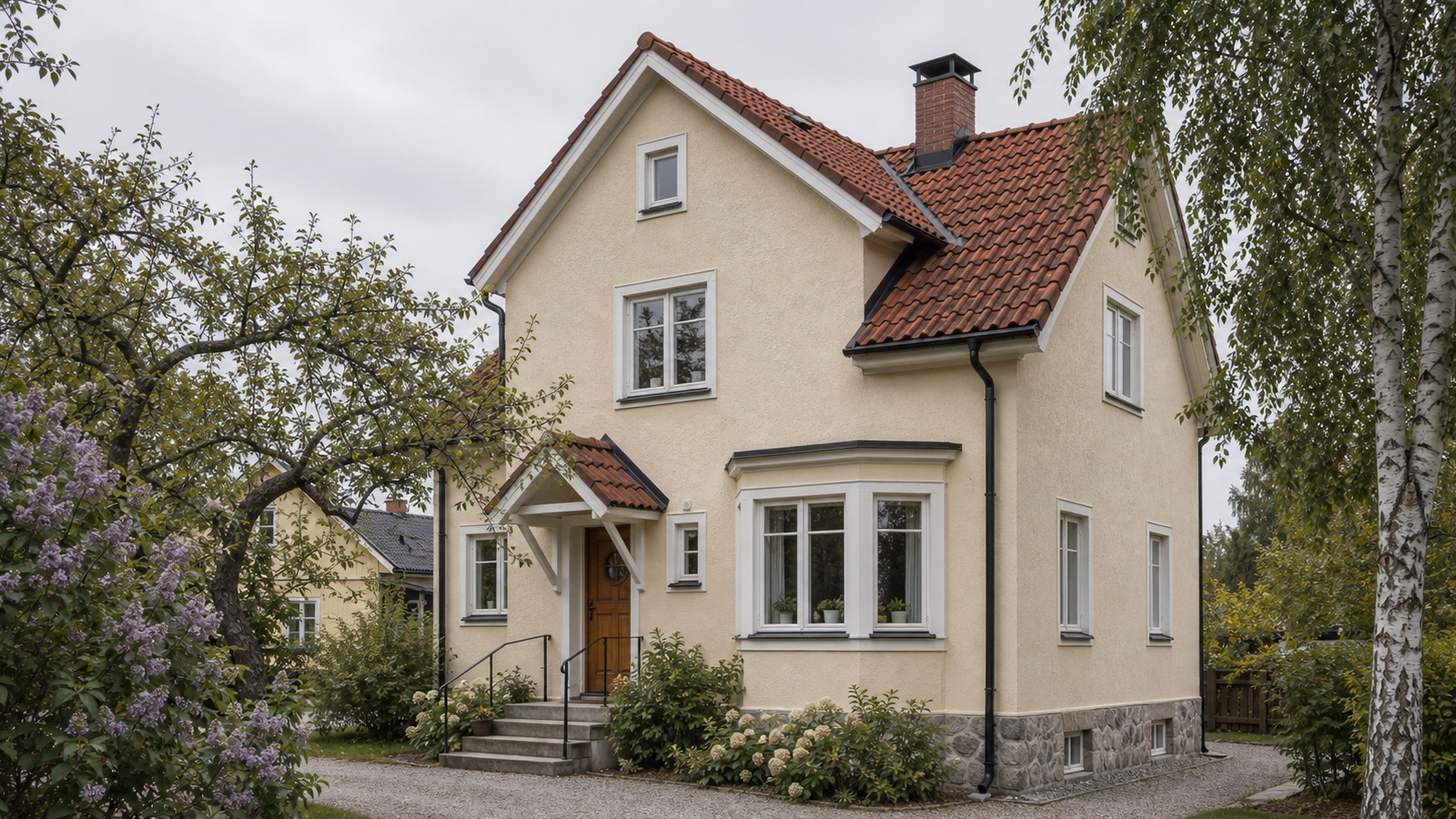 Fasadmålning i Strängnäs med nymålad fasad med lugn kulör och tydlig ytfinish för villor, äldre fastigheter och BRF:er