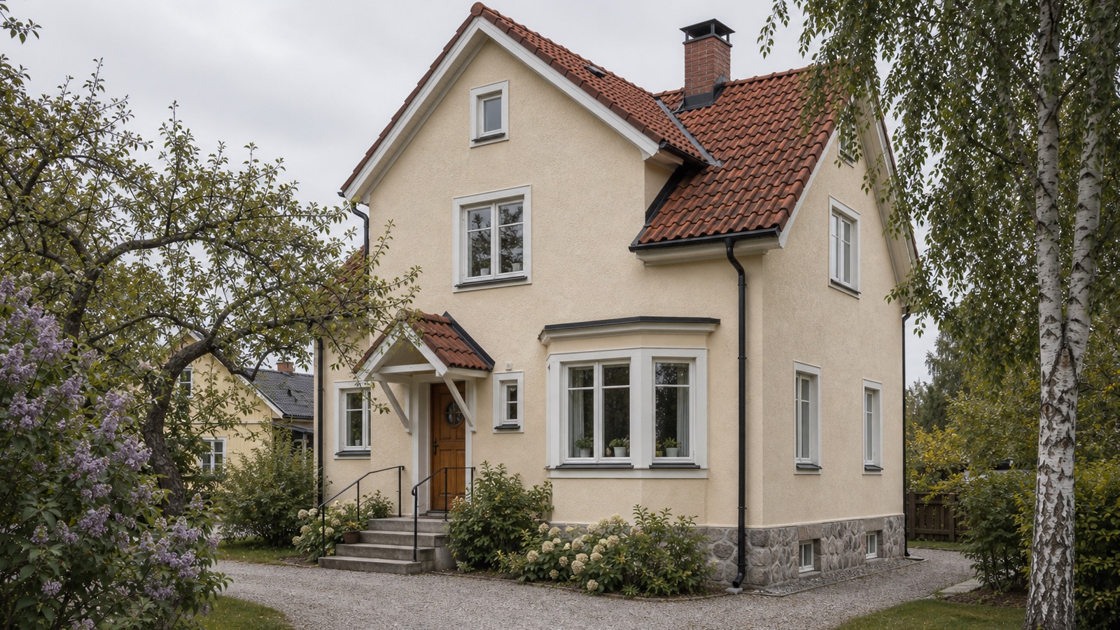 Fasadmålning i Täby med nymålad fasad med lugn kulör och tydlig ytfinish för villor, radhus och bostadsrättsföreningar