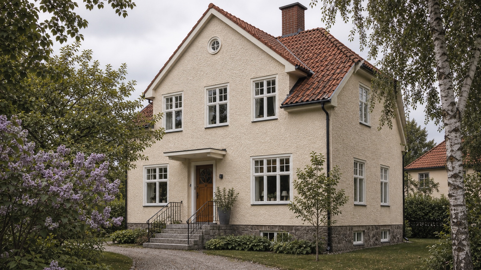 Putsad fasadyta med varm kulör och tydlig materialstruktur